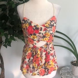 Free People Cut Out Floral Criss Cross Tank Top M